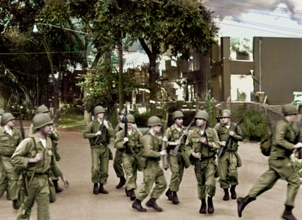 Guardsmen, Blaine Street on fire, Detroit riots 1967